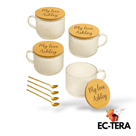 Set of 4 Personalized Glass Mug with Wooden Lid & Gold Spoon