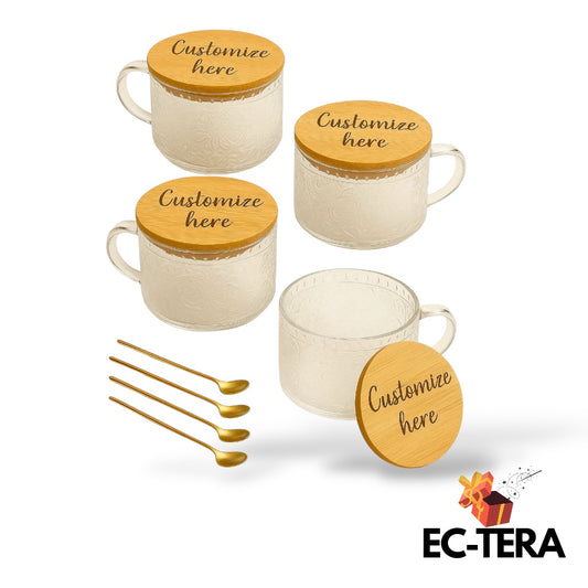 Set of 4 Personalized Glass Mug with Wooden Lid & Gold Spoon