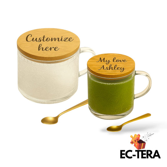 Personalized Glass Mug with Wooden Lid & Gold Spoon | EC-TERA